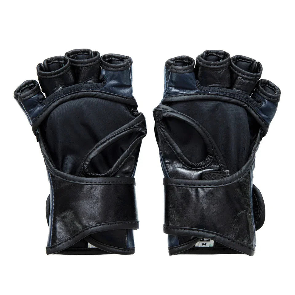 Pair of black MMA gloves with fingerless design on a white background