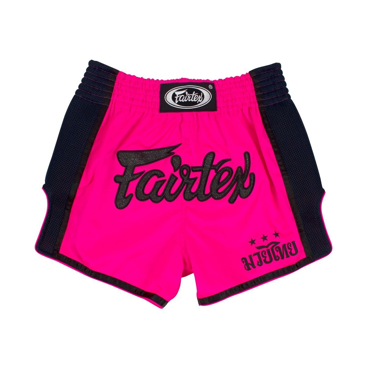 Pink Muay Thai shorts with black trim and Fairtex branding on a white background