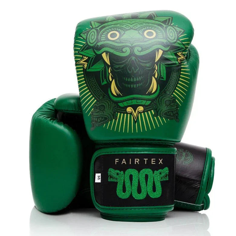 Green boxing gloves with a detailed design on a white background