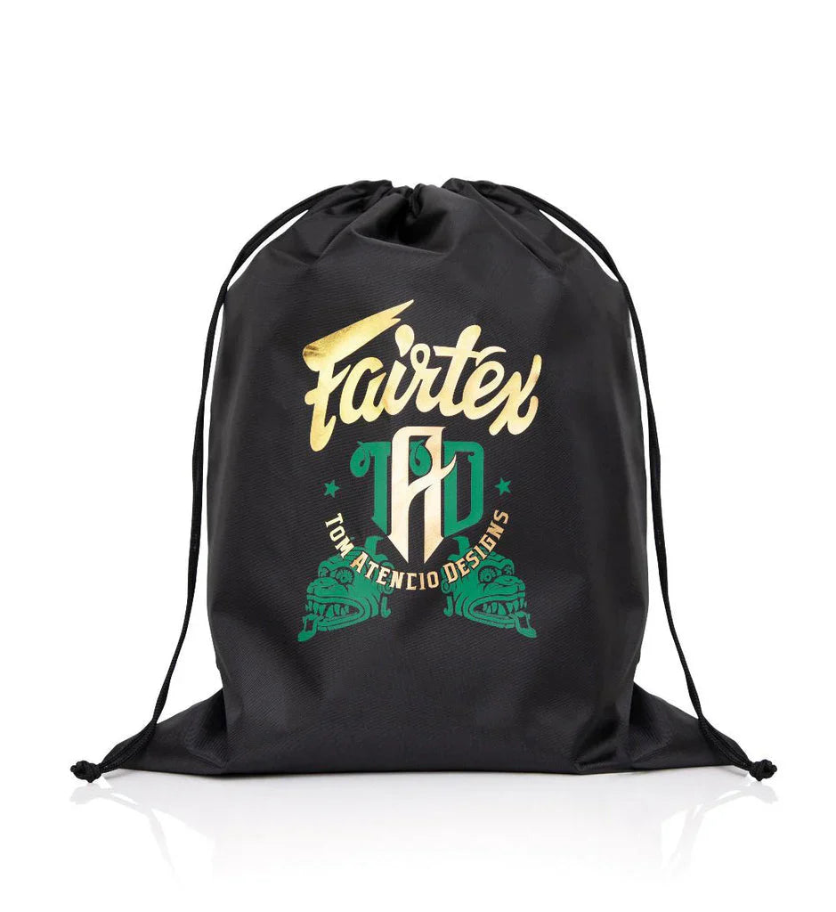Black drawstring bag with Fairtex logo on a white background