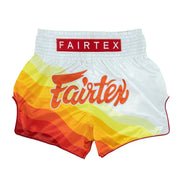 Colorful Muay Thai shorts with Fairtex branding on a white background
