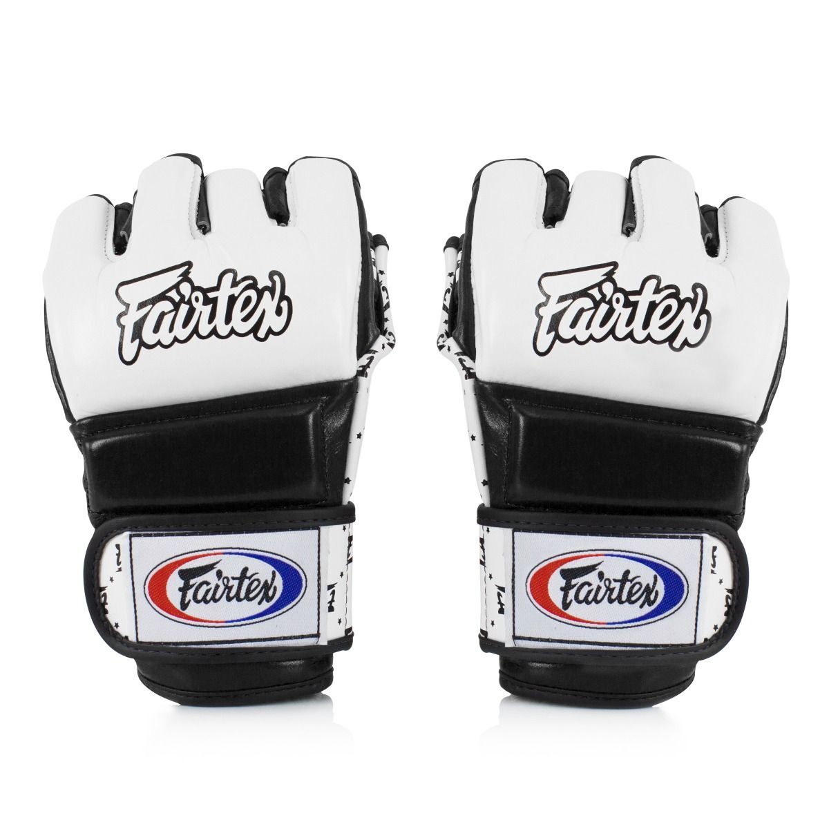 Pair of black and white Fairtex MMA gloves on a white background