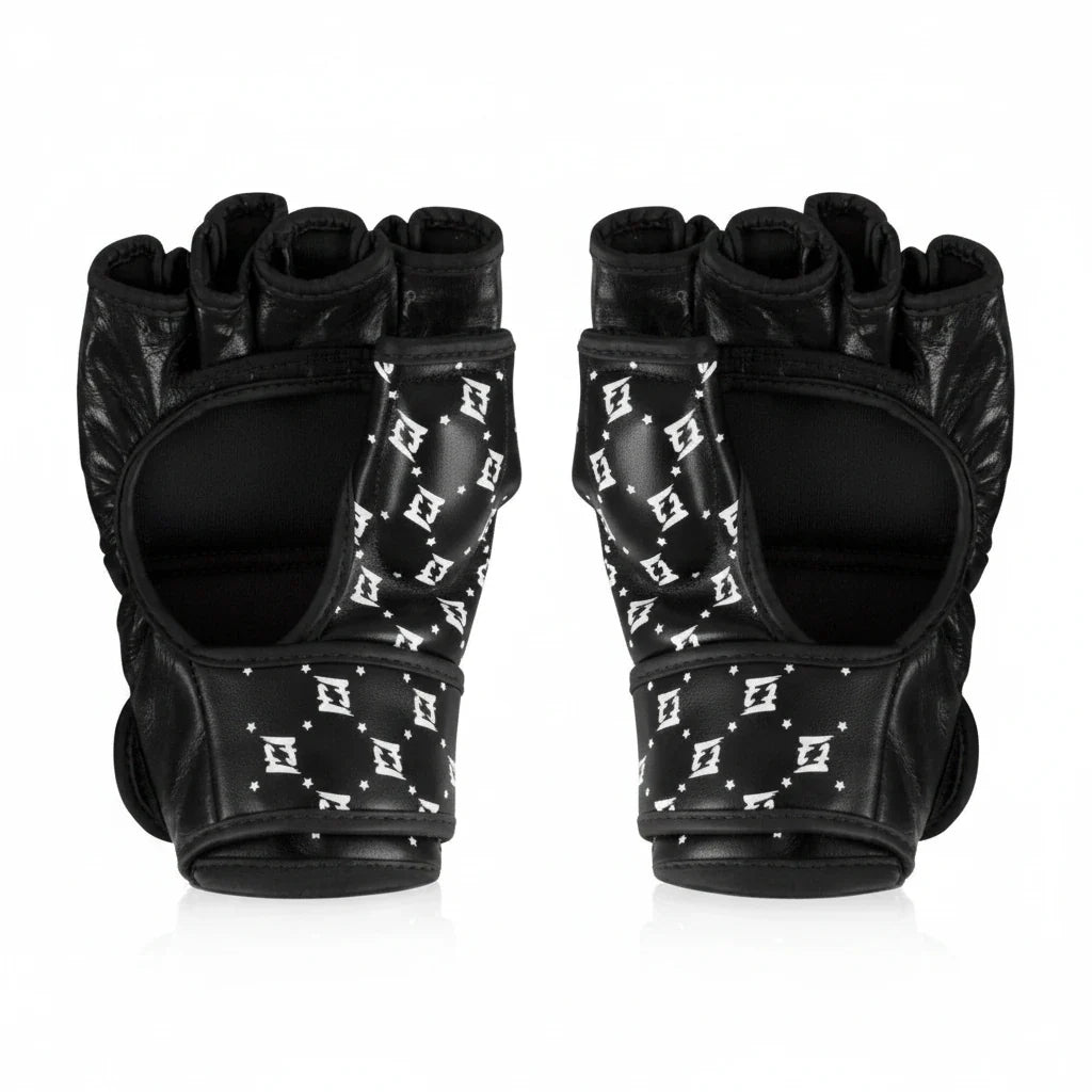 Pair of black MMA gloves with white pattern on a white background
