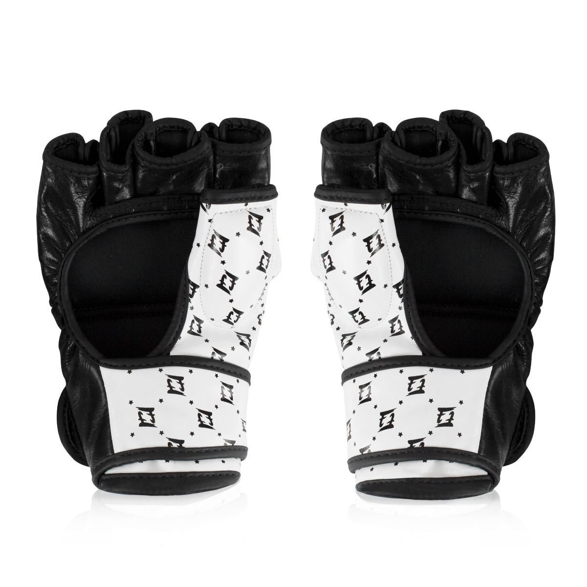 Pair of black and white patterned MMA gloves on a white background