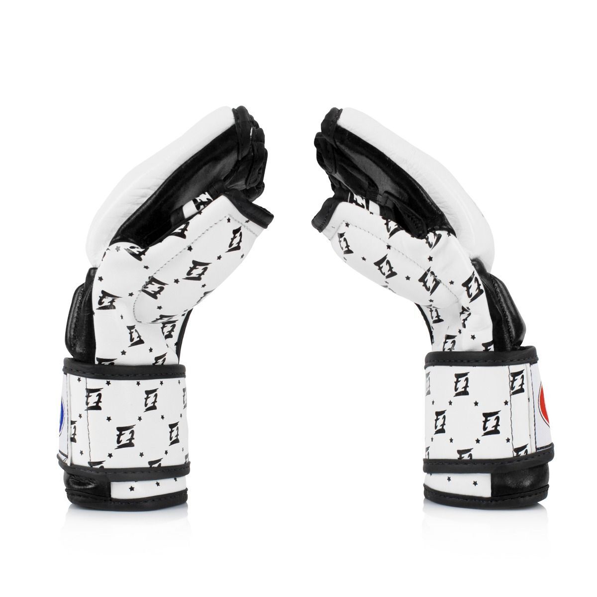 Pair of black and white MMA gloves with a pattern on a white background