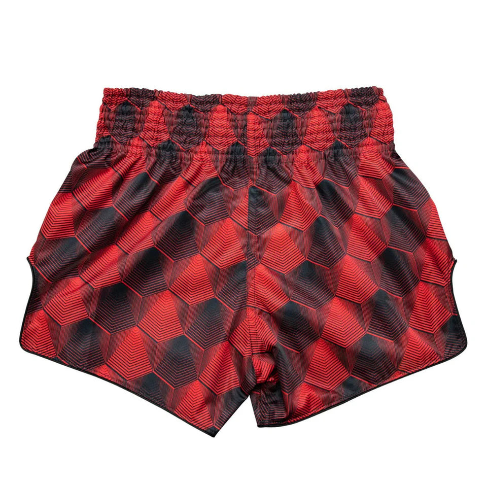 Red and black checkered Muay Thai shorts on a white background