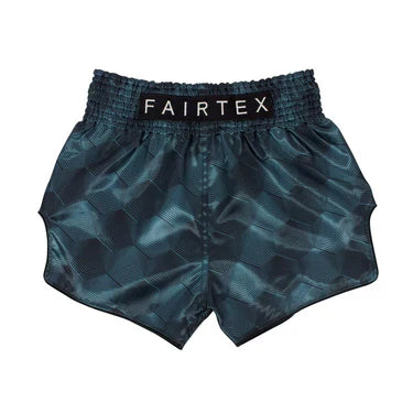 Green camouflage Muay Thai shorts with Fairtex branding on a white background