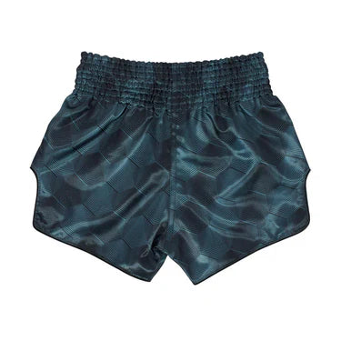Blue Muay Thai shorts with a subtle pattern on a white background