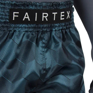 Dark blue Muay Thai shorts with Fairtex logo on a white background