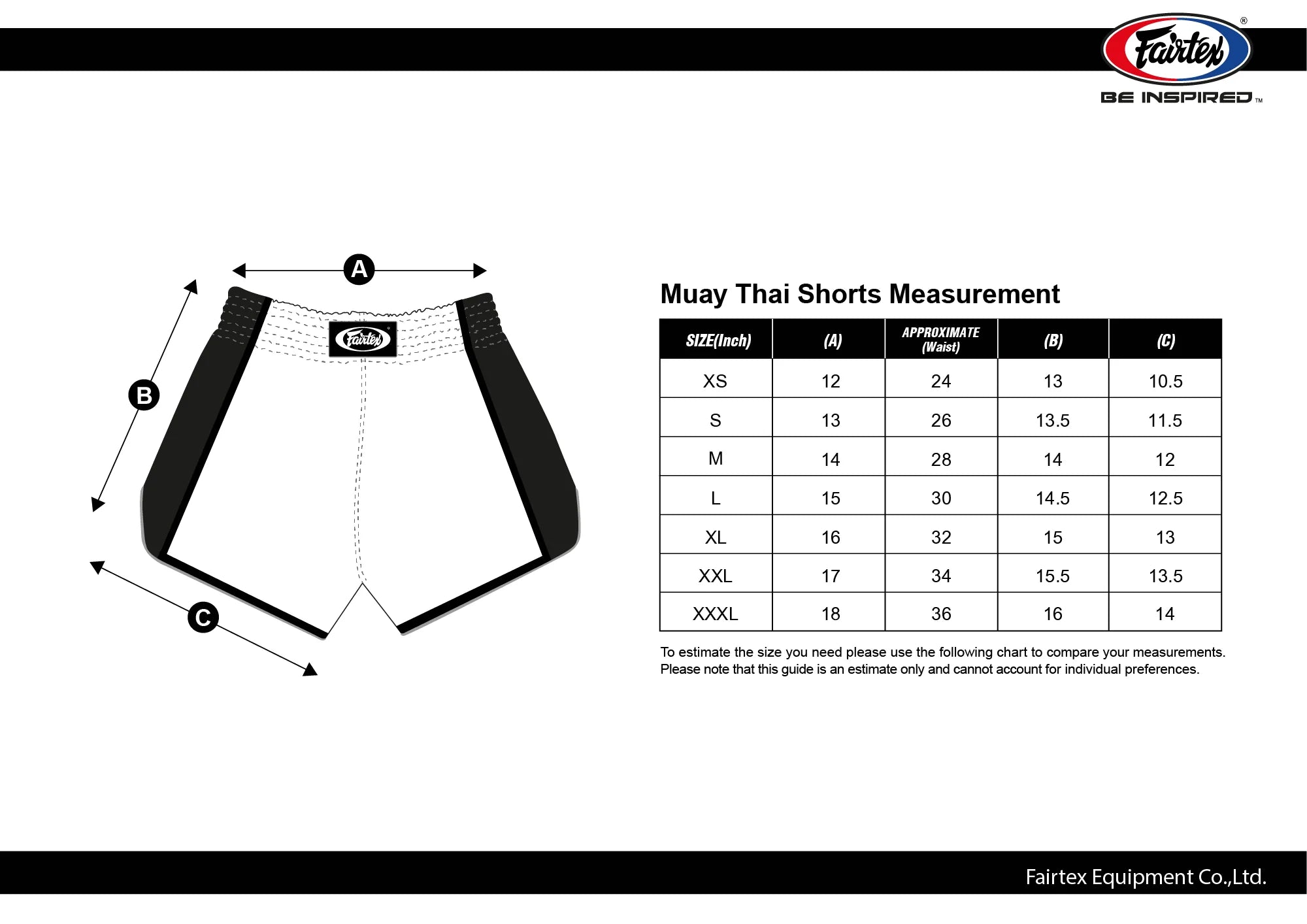Fairtex Slim Cut Muay Thai Shorts – Size chart