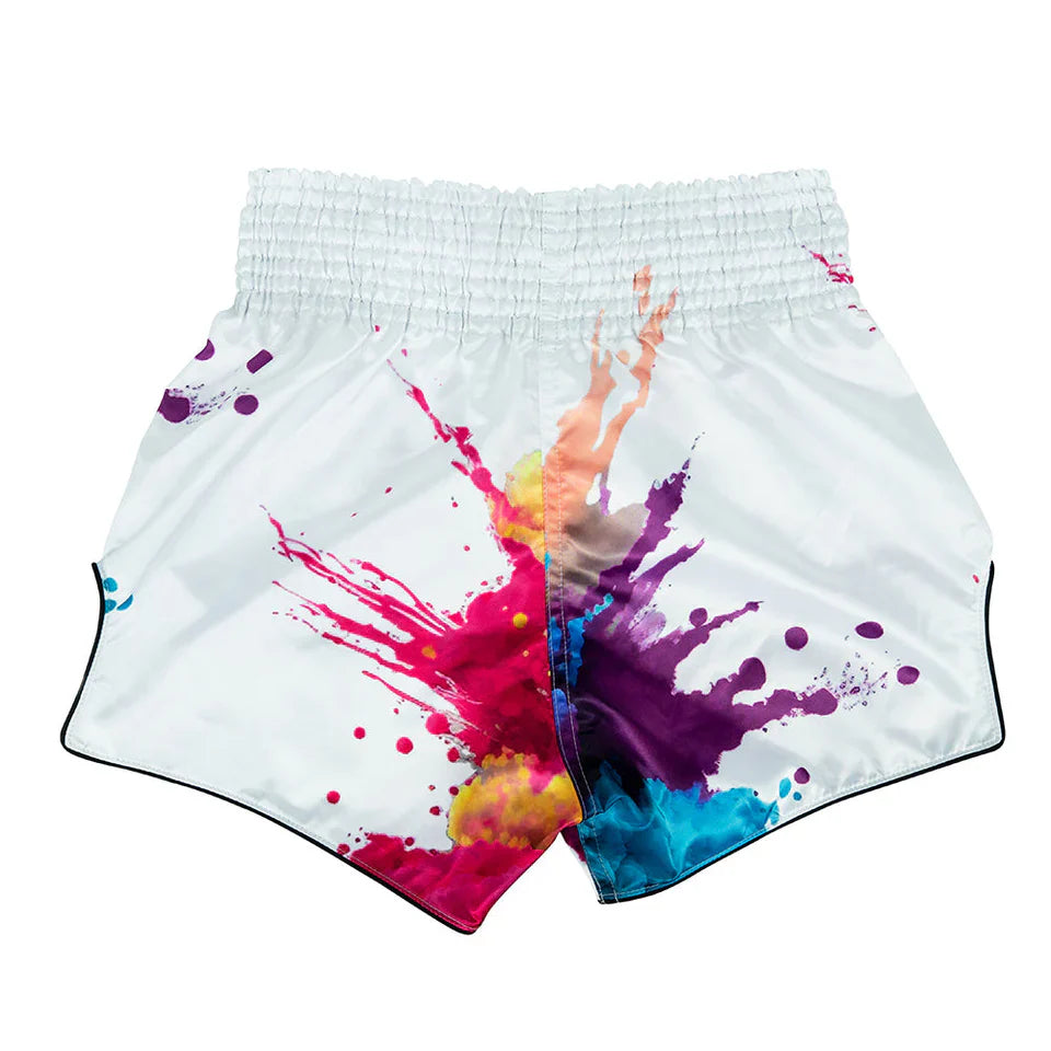 Colorful splatter Muay Thai shorts on a white background