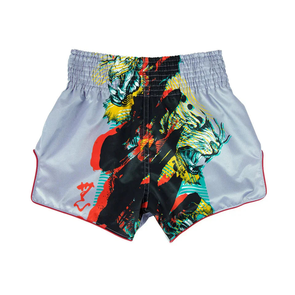 Colorful tiger Muay Thai shorts on a white background