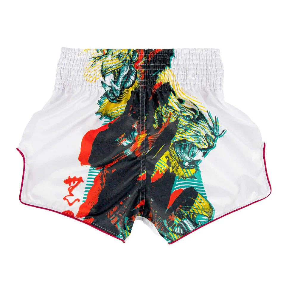 Colorful design Muay Thai shorts on a white background