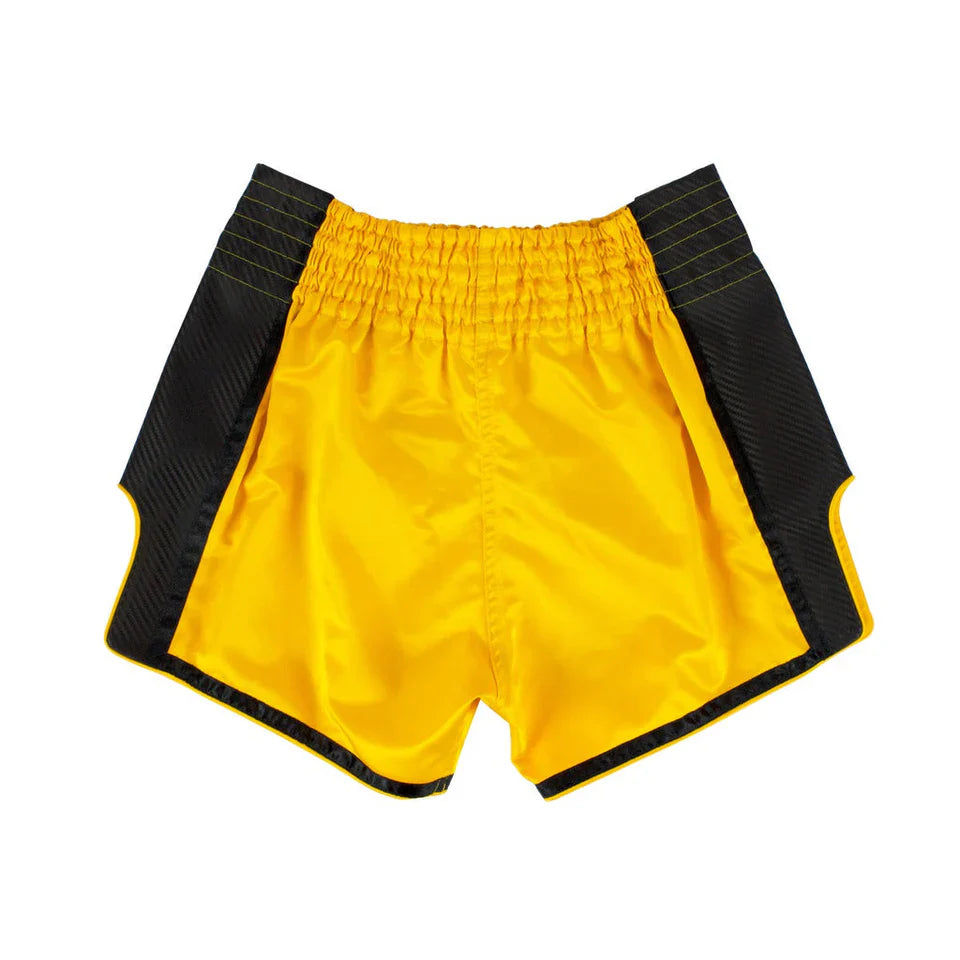 Yellow Muay Thai shorts with black accents on a white background