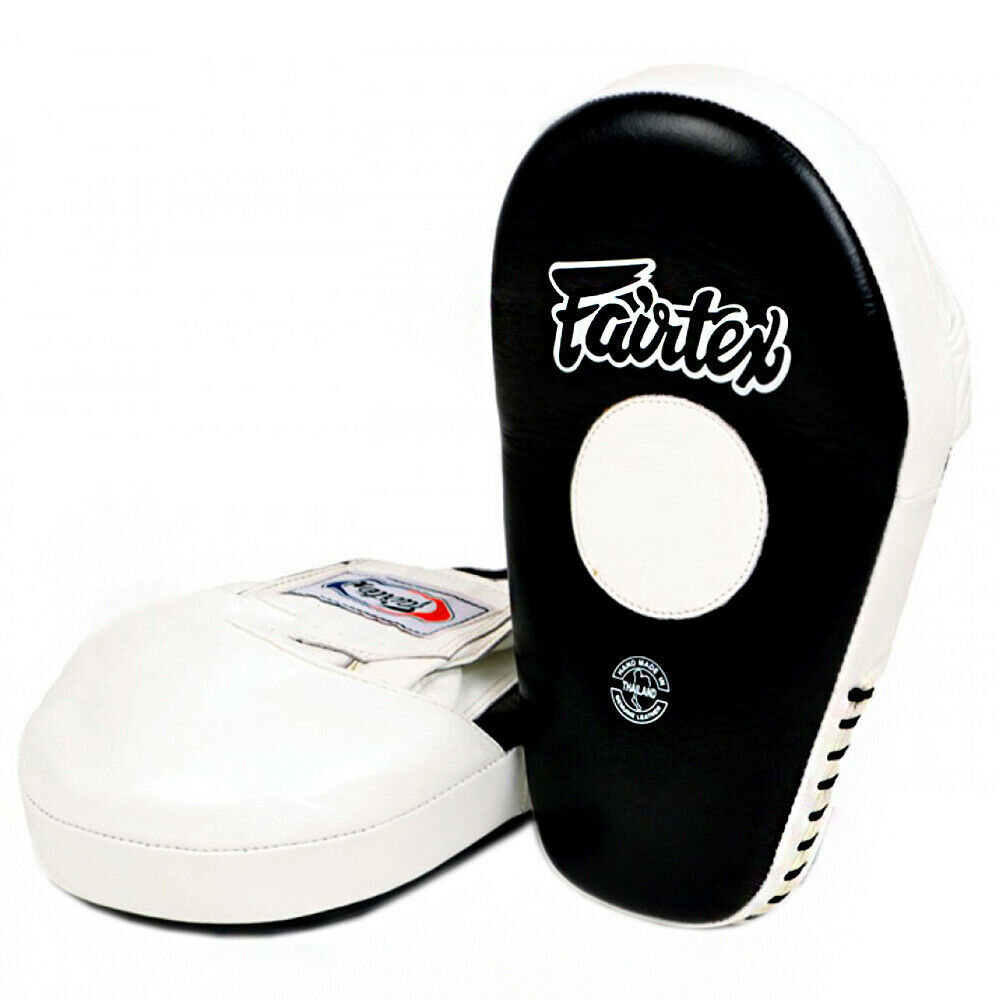 Black and white Fairtex boxing pads on a white background