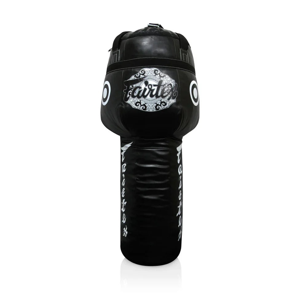Black tapered boxing bag with 'fairtex' branding on a white background