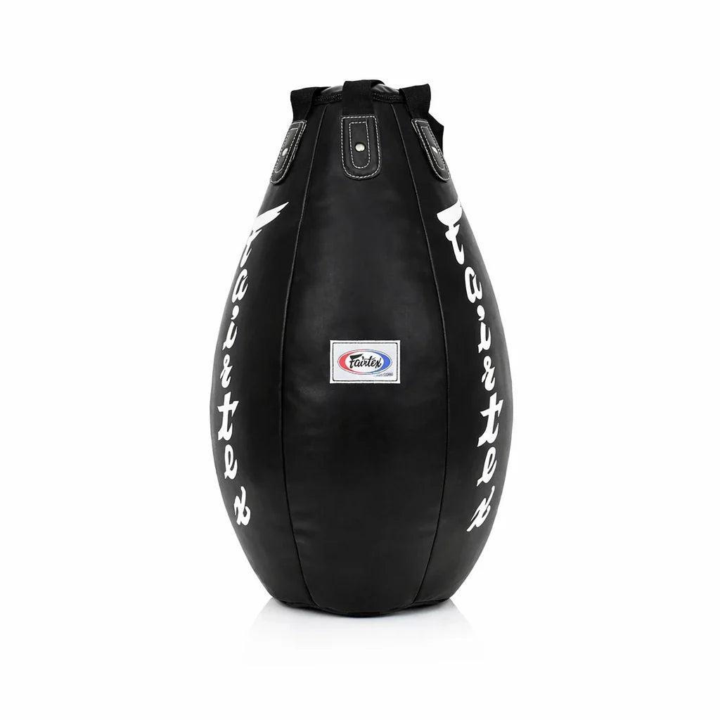 Black tear drop bag with white text on a white background