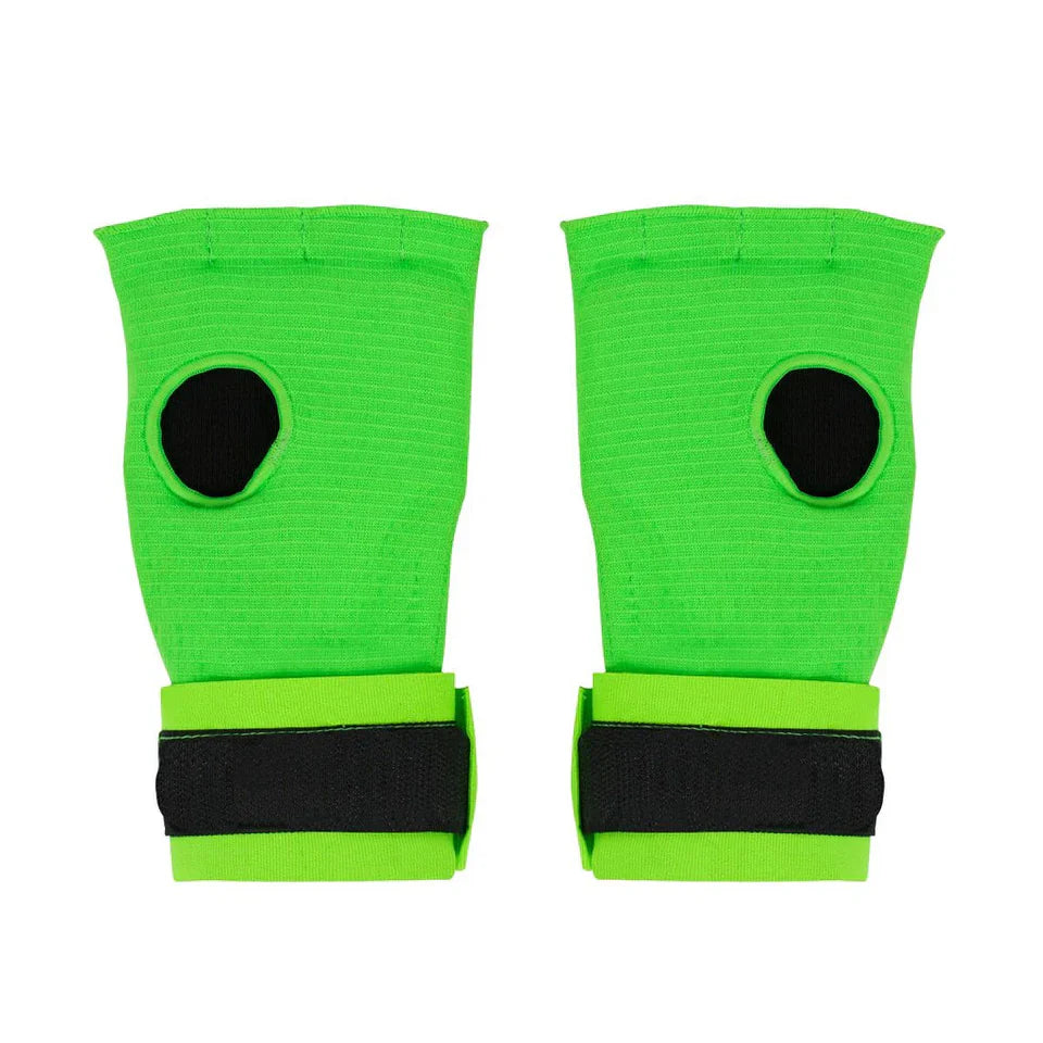 Pair of green quick wraps with black straps on a white background