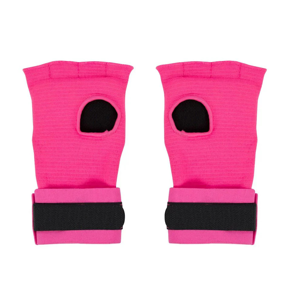Pair of pink quick wraps with black straps on a white background