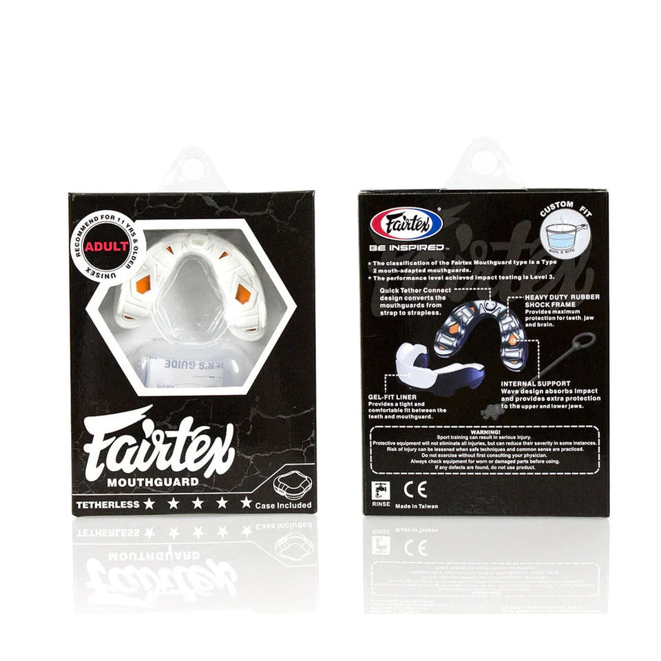 Fairtex mouthguard packaging with clear mouthguard inside on a white background