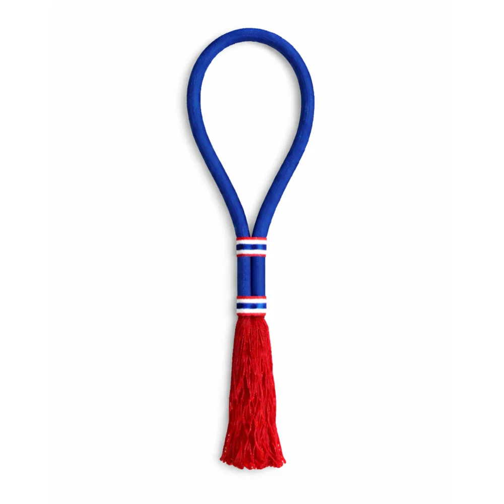 Blue mongkon with red tassel on a white background