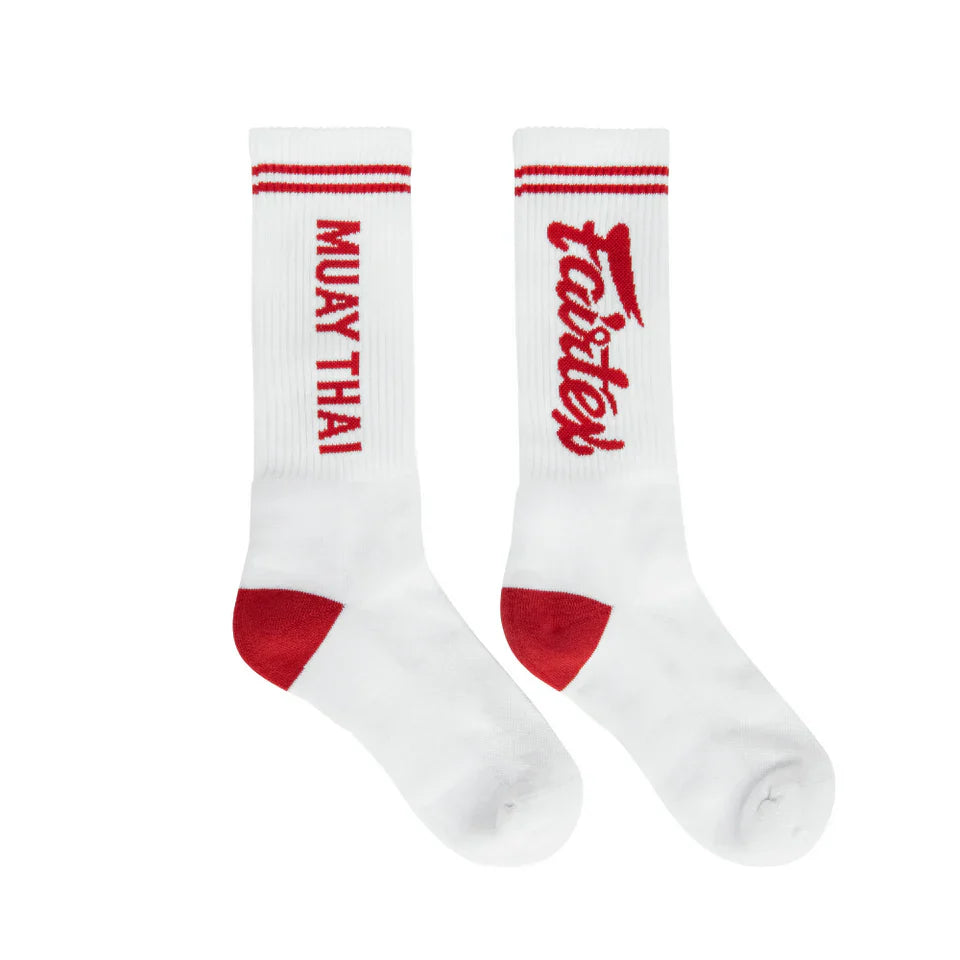 White socks with red text and accents on a white background