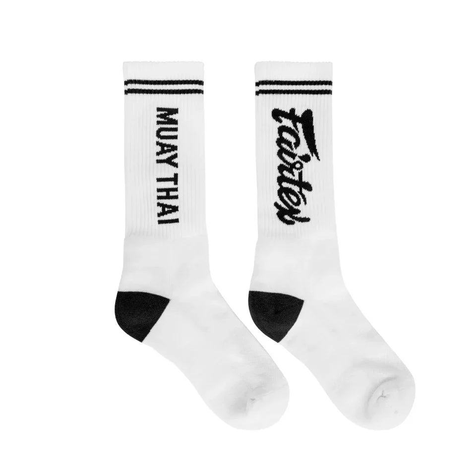 White socks with black text and accents on a white background