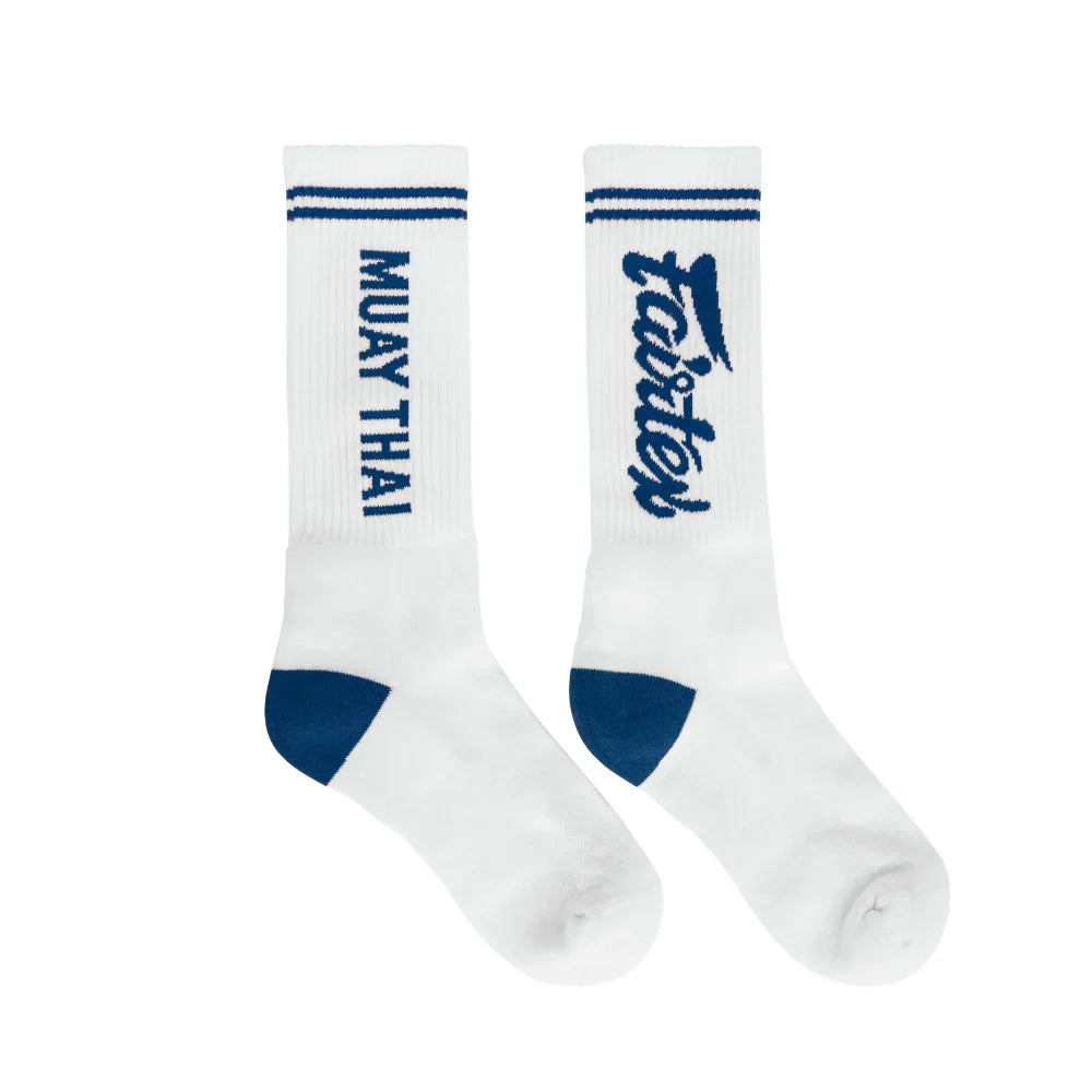 White socks with blue accents and text on a white background