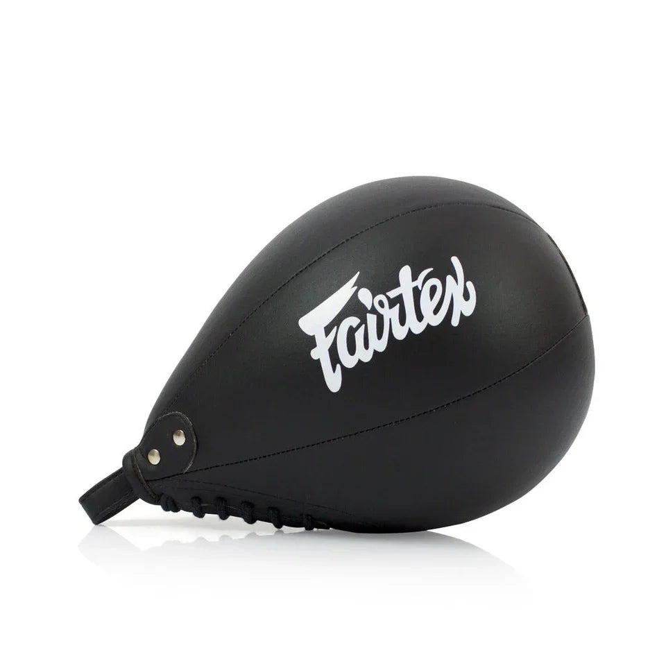 Black boxing speed bag with 'Fairtex' branding on a white background
