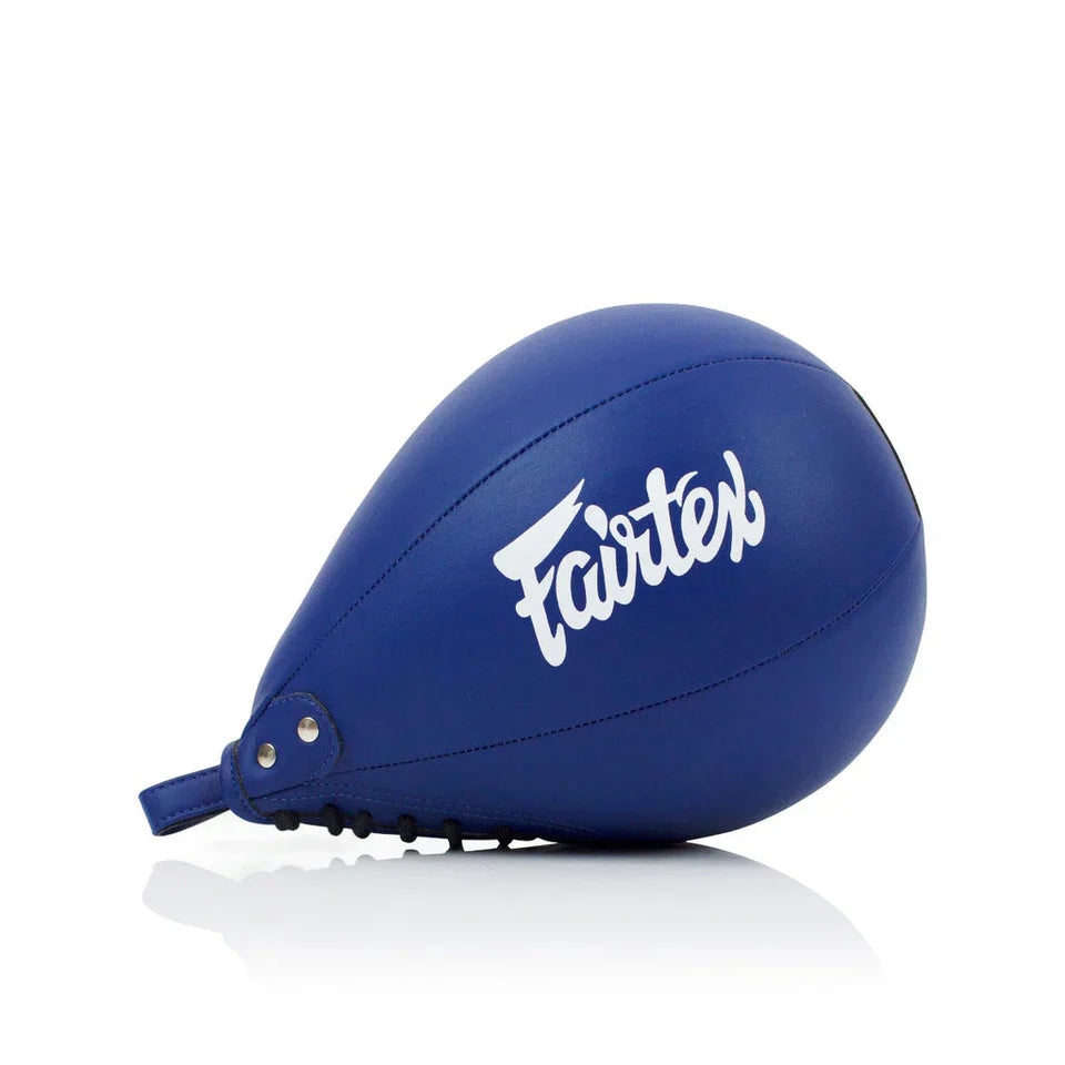 Blue boxing speed bag with 'Fairtex' branding on a white background