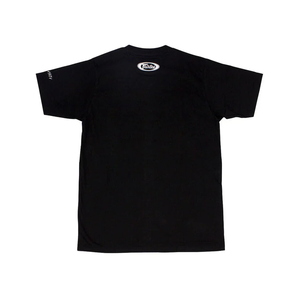 Black t-shirt with a logo on the neck against a white background