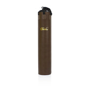 Vintage brown punching bag with Fairtex logo on a white background