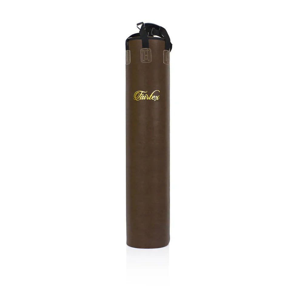 Vintage brown punching bag with Fairtex logo on a white background