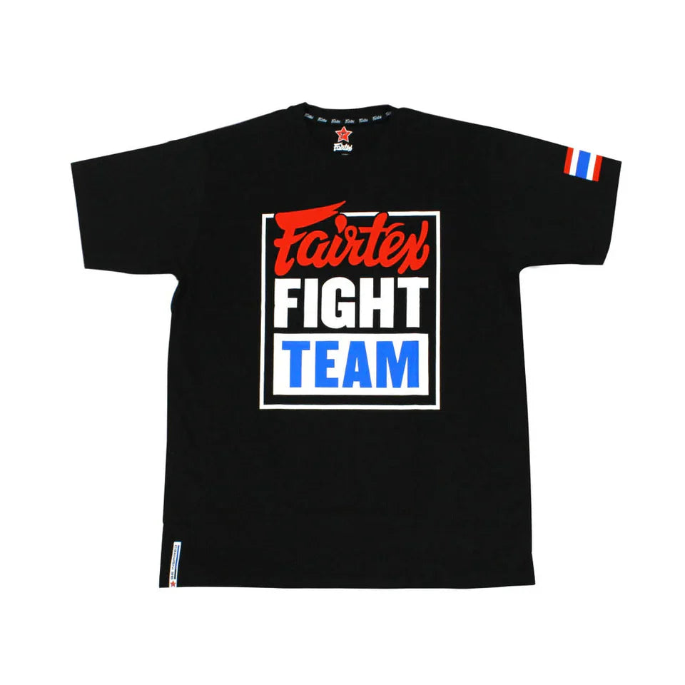 Black t-shirt with 'Fairtex Fight Team' logo on a white background