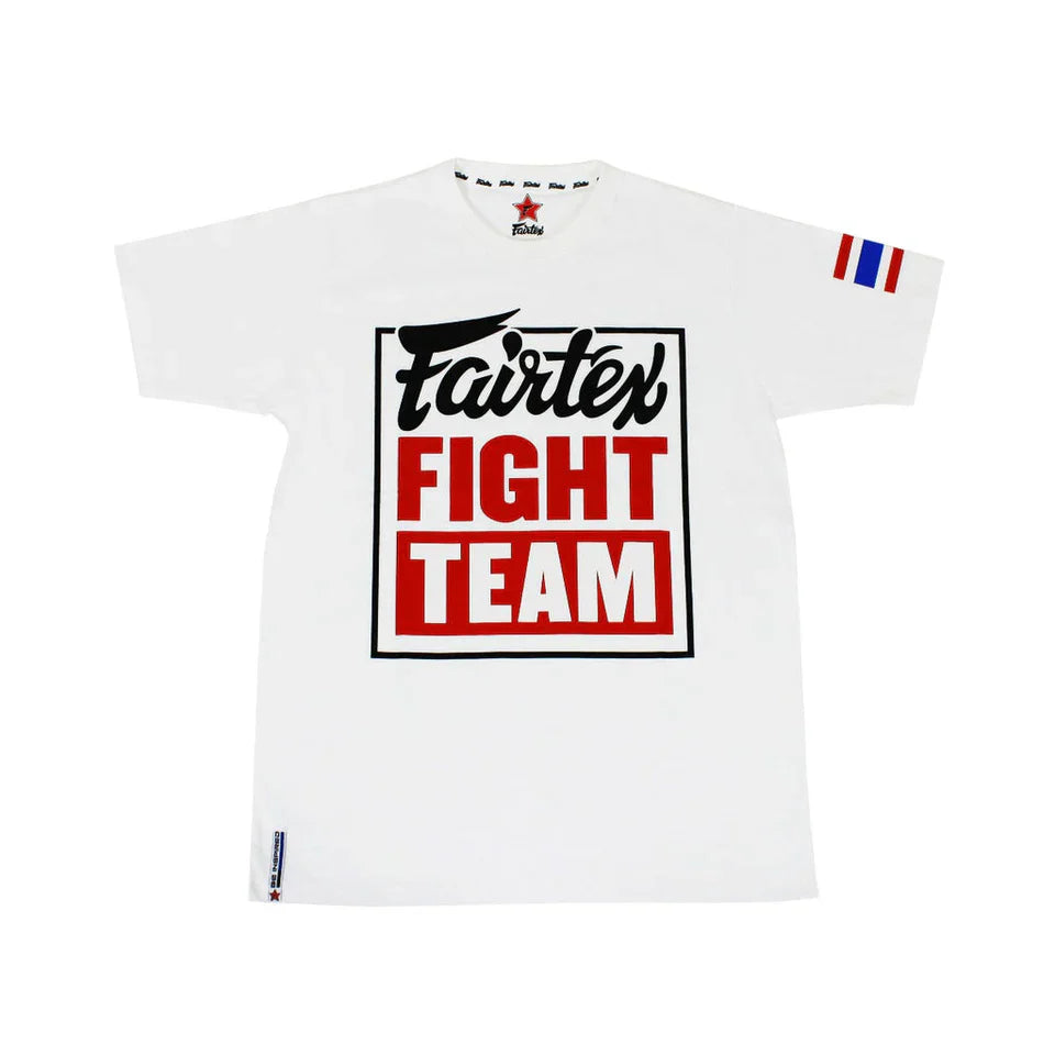 White t-shirt with Fairtex Fight Team logo on a white background