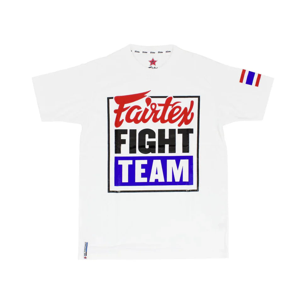 White t-shirt with 'Fairtex Fight Team' logo on a white background