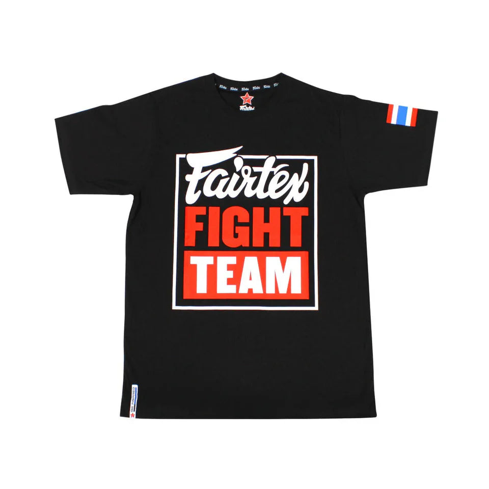 Black t-shirt with 'Fairtex Fight Team' logo on a white background
