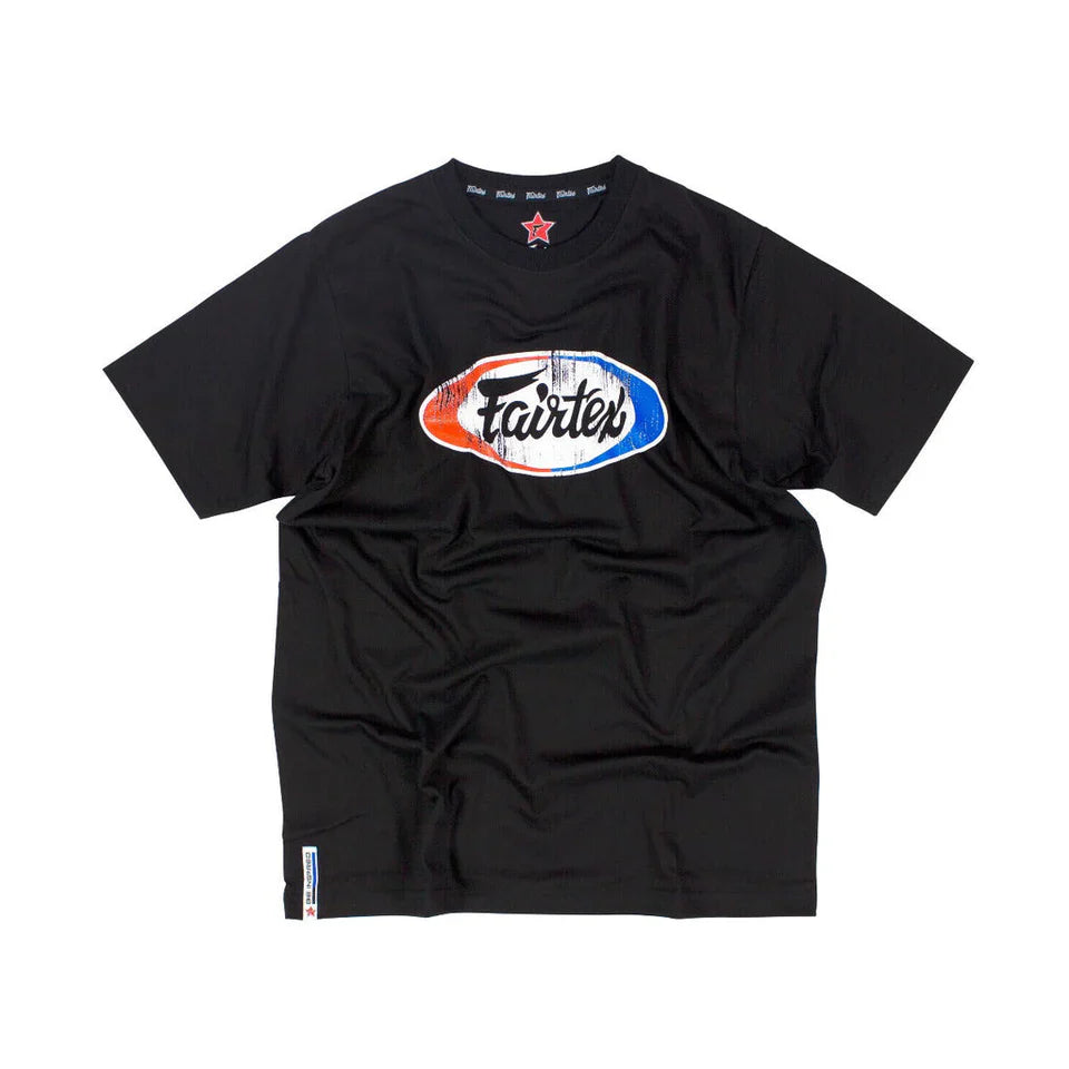 Black t-shirt with Fairtex logo on a white background
