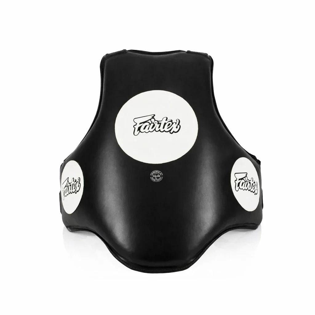Black body protector with 'Fairtex' branding on a white background