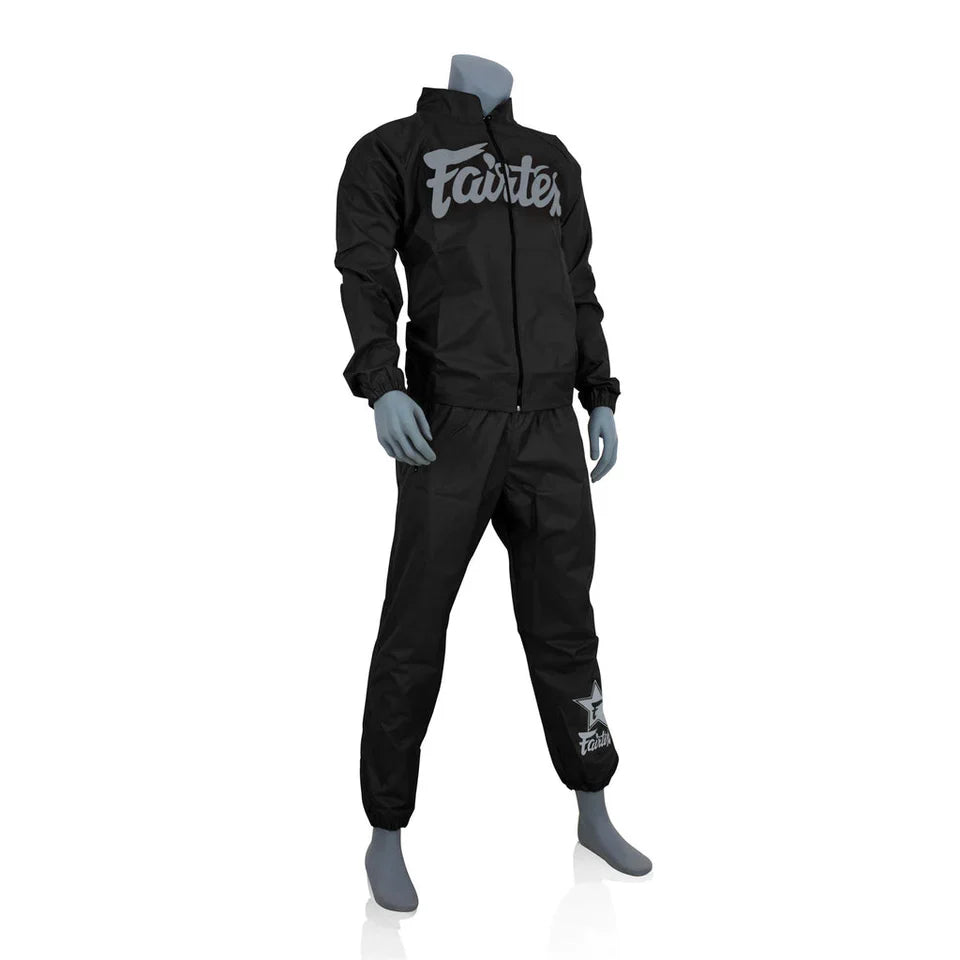 Black sports sweatsuit with 'Fairtex' branding on a white background