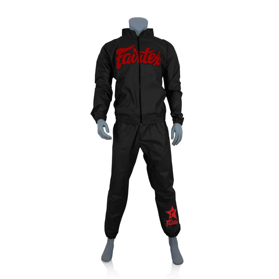 Black sweatsuit with red Fairtex logo on a mannequin against a white background