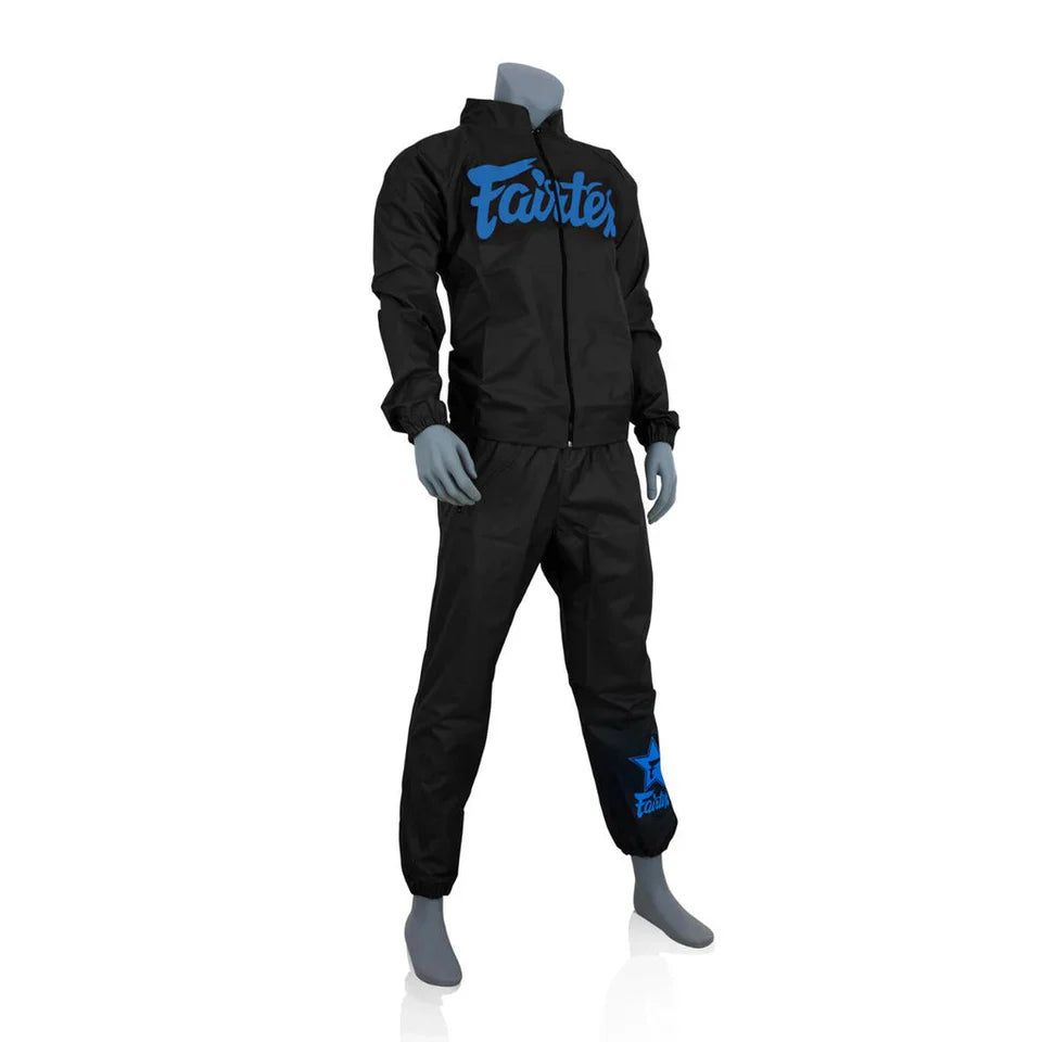 Black sweatsuit with 'Fairtex' branding on a white background