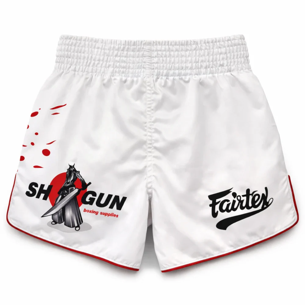 White shorts with red accents featuring branding and graphics on a white background
