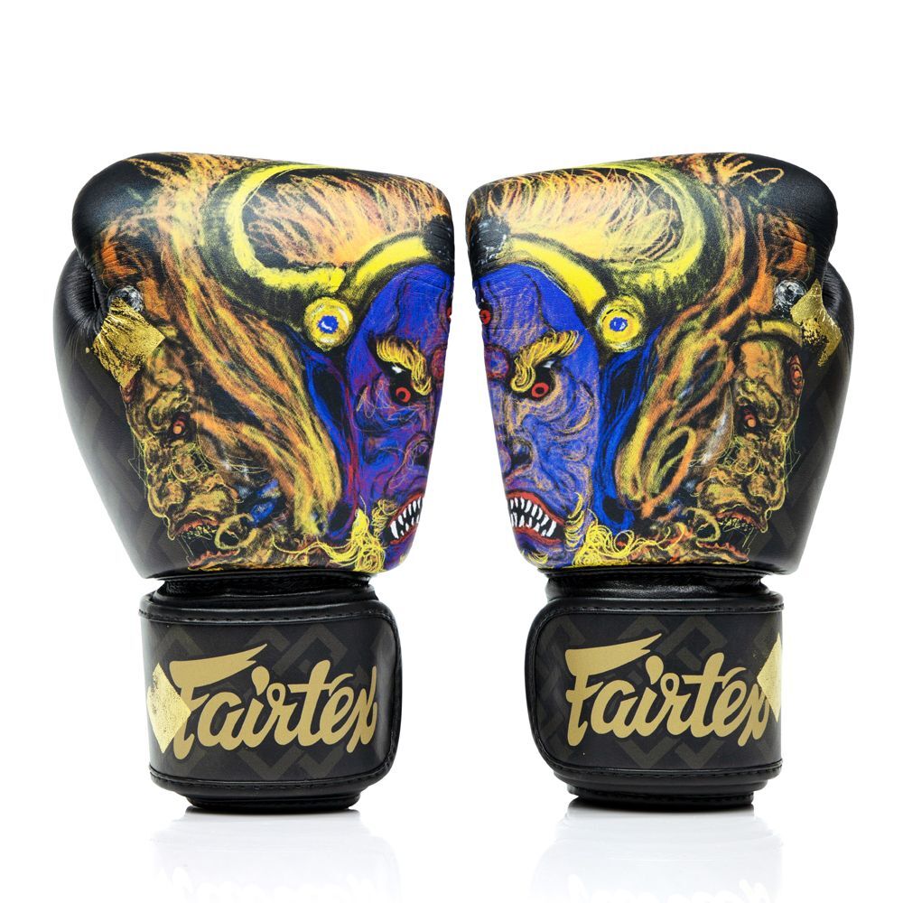 Pair of boxing gloves with colourful design and 'Fairtex' branding on a white background