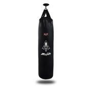 Black punching bag with visible branding on a white background