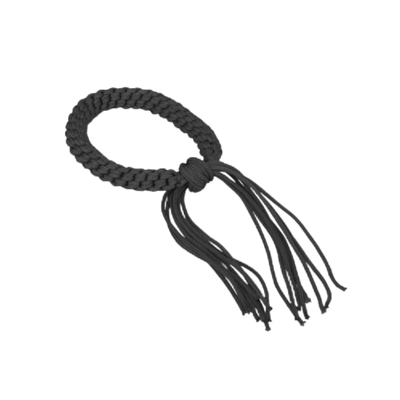 Black braided leather strap with tassels on a white background