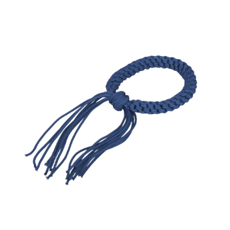 Blue braided arm bracelet with tassels on a white background