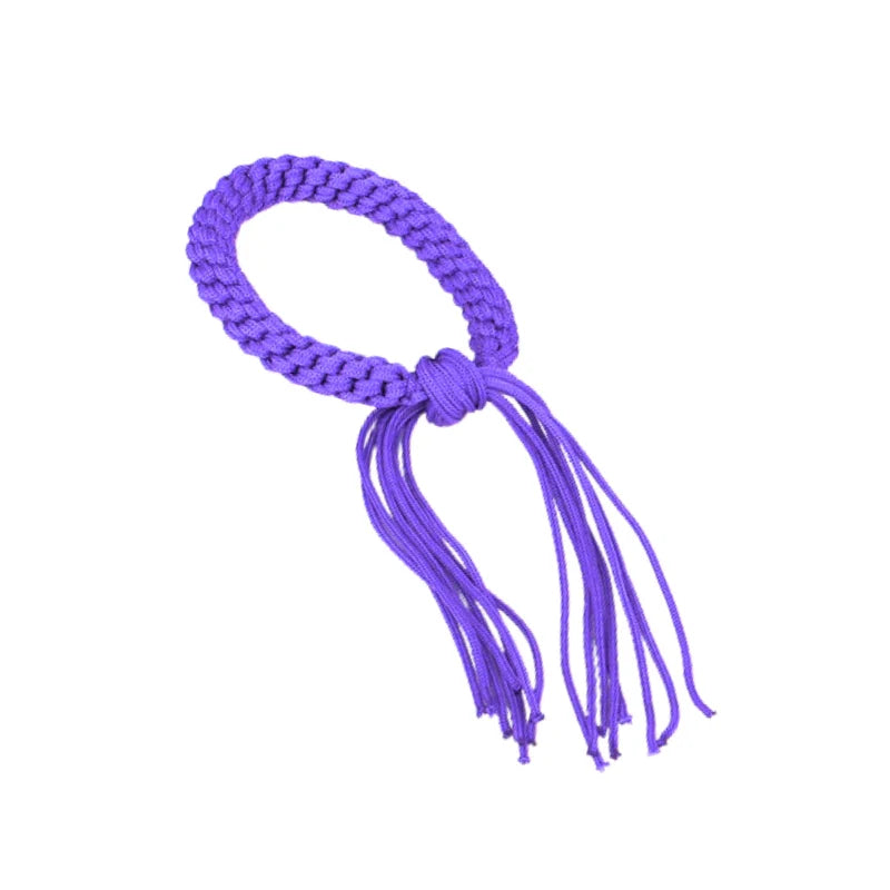 Purple braided cord with tassels on a white background