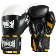 Pair of black and yellow boxing gloves with 'Punch' branding on a white background