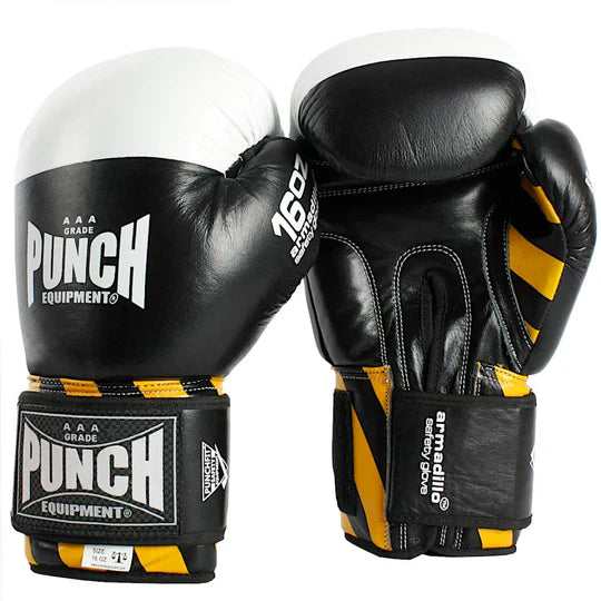 Pair of black and yellow boxing gloves with 'Punch' branding on a white background